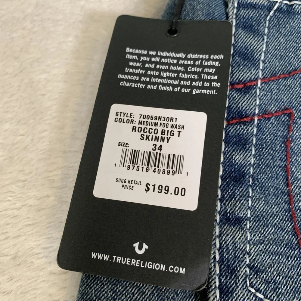 True Religion Rocco Big T Jeans Mens 34x30 Blue‎ Medium Wash Relaxed Skinny NEW